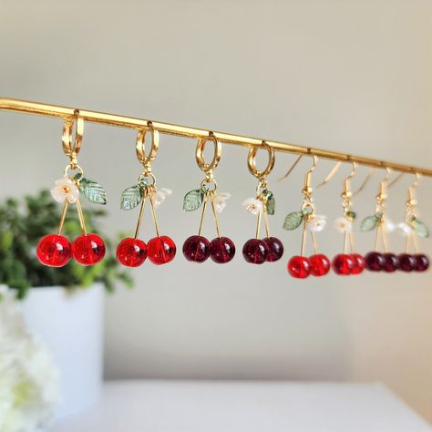 Cherry earrings, Glass cherry fruit earrings, Gift for her Faery Jewelry, Anniversary Food, Wedding Embroidery Hoop, Party Fruit, Cherry Drop Earrings, Eco Friendly Wrapping, Handmade Dangle Earrings, Summer Bride, Wedding Embroidery