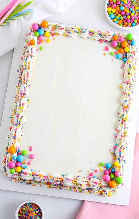 Costco Vanilla Sheet Cake Sweet One Sheet Cake, Piping Sheet Cake, Donut Sheet Cake, Simple Birthday Sheet Cake, Sprinkle Sheet Cake, Group Birthday Cake, 9x13 Cake Decorating Ideas, Sheet Birthday Cakes, Easy Sheet Cake Decorating Ideas