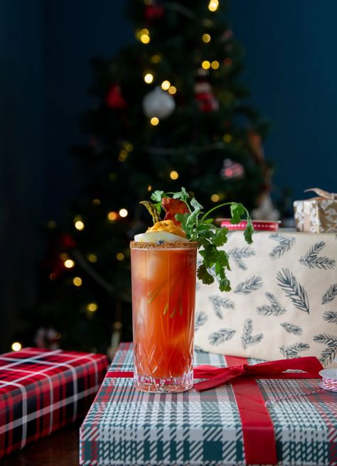 Sleighbell Caesar | Taste and Tipple #bloodycaesar #caesar #devilledeggs #christmasdrinks #holidaycocktails Caesar Cocktail, Caesar Recipe, Cholula Hot Sauce, Pickled Asparagus, Devilled Eggs, Holiday Brunch, Adobo Sauce, Brunch Cocktails, Pickle Relish