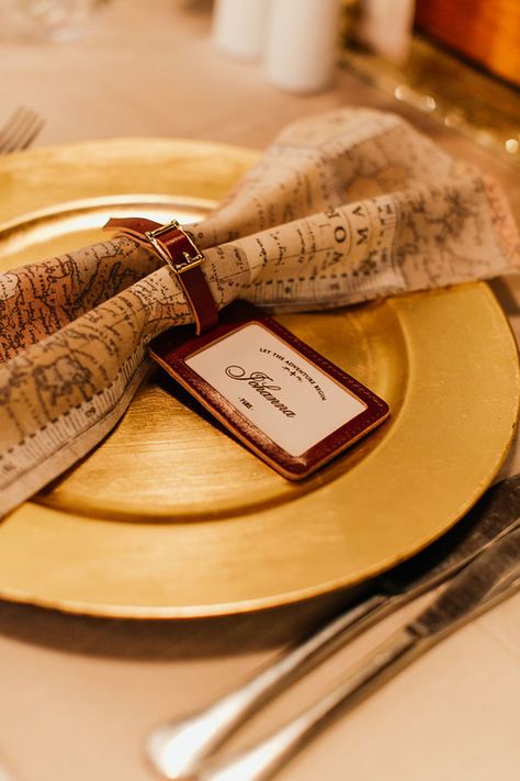 Wedding Menu Travel Theme, Wedding Ideas For Travelers, Travel Theme Table Setting, History Wedding Theme, Travel Theme Dinner Party, Traveling Wedding Theme, Wedding Ideas Travel Theme, Travel Wedding Favors, Travel Wedding Centerpieces