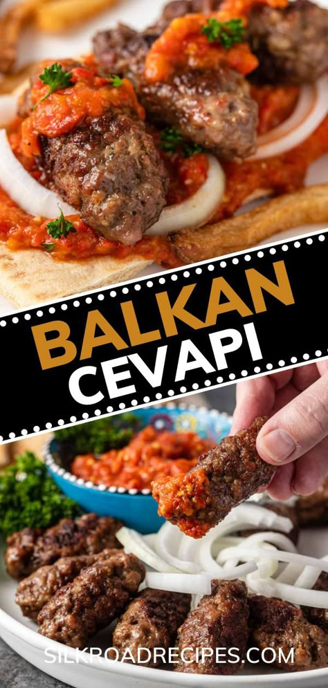 Balkan Cevapi is small skinless sausages filled with tender meat and spices. This recipe originates from Bosnia, but it can be found throughout the Balkan peninsula, and it’s been around for hundreds of years (so you know it’s good)! These delicious sausages are a great weeknight meal idea and taste great with french fries! Cevapcici Recipe, Sausage Meat Recipes, Pita Flatbread, Croatian Cuisine, Bosnian Recipes, Minced Meat Recipe, Eastern European Recipes, Pepper Relish, Balkan Peninsula