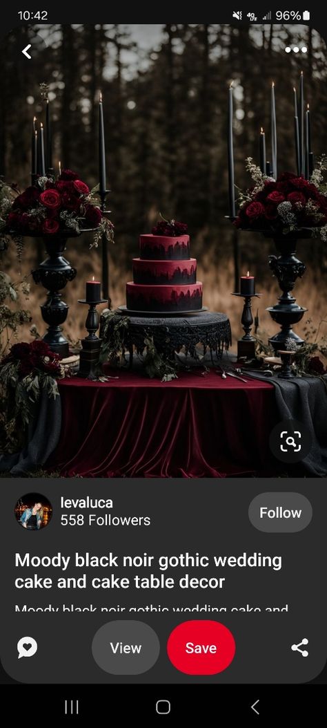 Gothic Wedding Sweetheart Table, Black And Red Halloween Wedding Decorations, Dark And Moody Vow Renewal, Moody Burgundy Wedding Decor, Goth Sweetheart Table, Gothic Wedding Cake, Cake Table Decorations, Wedding Dessert Table, Dark Wedding