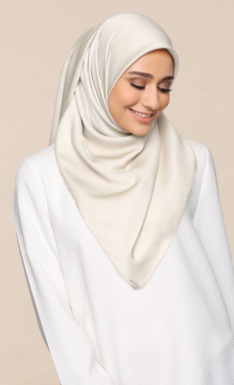 Matte Satin Silk Square Scarf with nanotechnology in Cream Cheese | FashionValet Muslim Photoshoot, Cream Hijab, Hijab Photoshoot, Casual Photoshoot, Duck Scarves, White Hijab, Silk Hijab, Model Hijab, Photoshoot Video