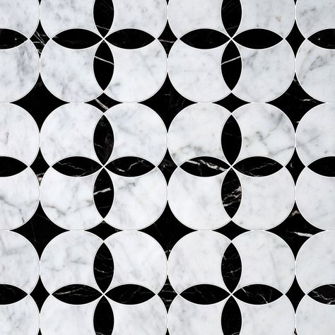 White Carrara, Black Multi Finish Constantine Marble Waterjet Decos 13 5/8x13 5/8 Waterjet Marble Design, Waterjet Designs, Marble Waterjet, Inlay Flooring, Entry Tile, Waterjet Marble, White Mosaic, Granite Tile, House Tiles