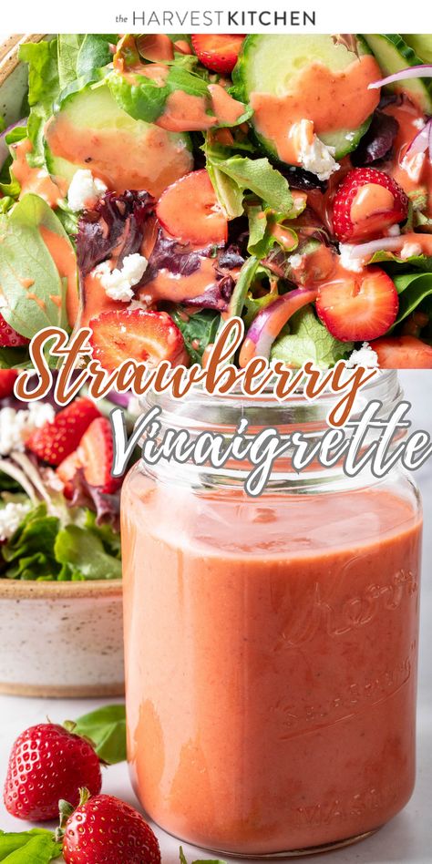 This Summer Strawberry Vinaigrette recipe uses juicy ripe strawberries, balsamic vinegar, lemon juice, a wee bit of pure clover honey, fresh basil and olive oil. The fresh flavors of this strawberry salad dressing will brighten just about any salad you’ll want to toss it with. Strawberry Salad Dressing, Salad Dressing Recipes Vinaigrette, Ginger Salad Dressings, Balsamic Vinaigrette Recipe, Strawberry Vinaigrette, Spring Mix Salad, Salad With Balsamic Dressing, Clover Honey, Harvest Kitchen