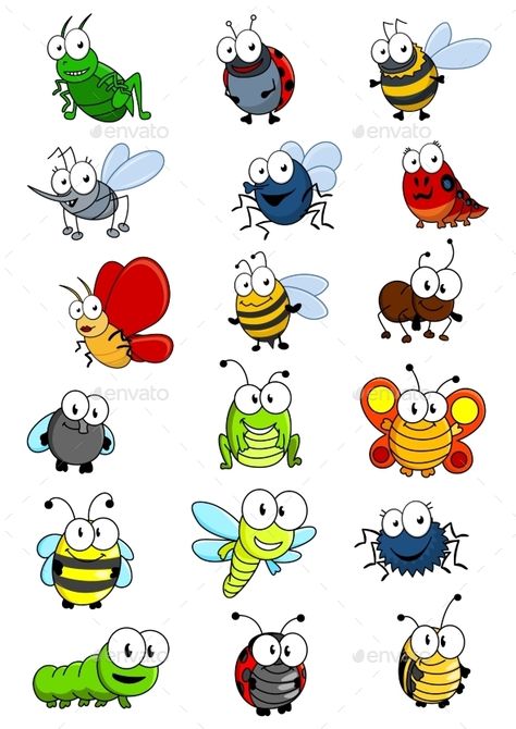 Cartooned Insects Set Flying Bugs Drawing, Cartoon Bugs Drawing, Ant Doodles, Fly Doodle, Cute Bug Drawing, Bug Vector, Cartoon Dragonfly, Fly Cartoon, Draw Bugs