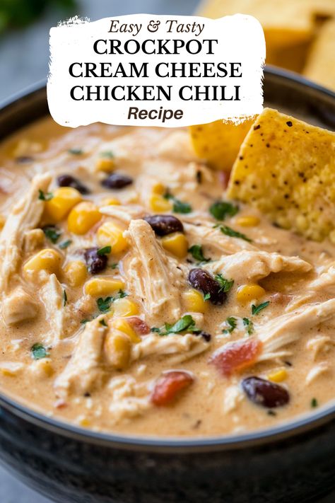 Crockpot Cream Cheese Chicken Chili Crock Pot Chicken Taco Chili, Chicken And Cream Cheese Crockpot Recipe, White Chicken Chili Crockpot Recipes Cream Cheese, Crockpot Chilli Chicken, Crockpot Chicken Heavy Cream, Crockpot Chicken Simple, Cream Cheese Chicken Tortilla Soup, Cream Cheese Chicken Soup Recipes, Ranch Chicken Chili Crockpot