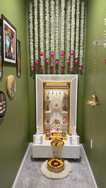 Himani Singh on Instagram: "🙏 Home Temple Revamp 🙏 Been thinking about redoing our Puja room for years and finally did it. And what better time to do it than the week of Navratri! In awe of this divine temple from @themandirstore - couldn’t have asked for a more perfect mandir for our home 🙏 So glad how everything came together and made the space come alive. Har Har Mahadev! Temple: @themandirstore Saree: @weavekala Jasmine garlands: From my Mom’s micro business. It’s her birthday today! 🥰 . Puja Temple For Home, Temple Ideas In Living Room, Mandir In Balcony Ideas, Navratri Mandir Decoration Ideas At Home, Diy Temple For Home, Home Mandir Decoration Ideas, Temple In Living Room, Home Temple Decoration Ideas, Temple Room Design For Home