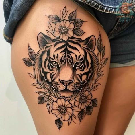 Tiger Tattoo On Thigh For Women, Tiger Flower Tattoo Design, Tiger Thigh Tattoo For Women, Tattoo Thigh Women, Tiger Thigh Tattoo, Tiger Tattoo For Women, Animal Thigh Tattoo, Shading Tattoos, Tiger Tattoo Thigh