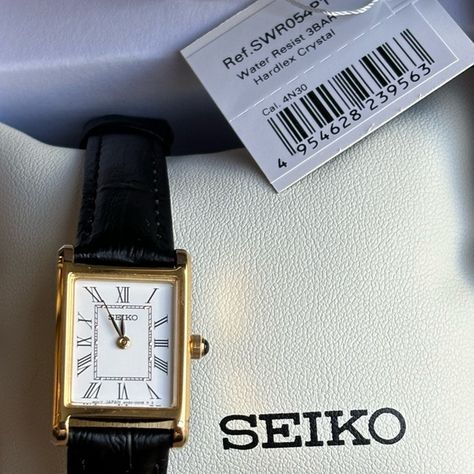 Seiko “Tank” Gold Tone Watch model SWR054 - Brand New with Tags! Seiko Tank Watch, Seiko Tank, Elegant Watch, Tank Watch, Cartier Tank, Summer Glow, Watch Model, White Dial, Roman Numerals