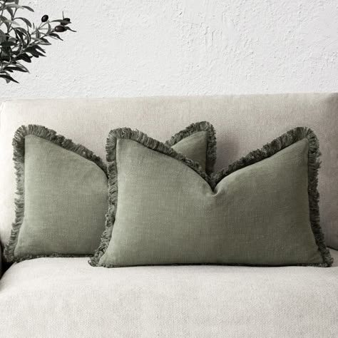 PRICES MAY VARY. 80%ramie+20%cotton 【Natural Linen Fabric】Our pillow cover is crafted of 80% natural ramie linen and 20% viscose. Natural linen fabric makes it soft, comfortable, eco-friendly, breathable and durable for all season use. Treated with Stone Washed process, the pillow's slubby weave creates subtle dimension, and a relaxed feel. 【Design with Fringe Edges】 This boho pillow cover is design with fringes at edges. The detail design of short tassels make a bohemian style, while offers und Olive Green Pillow, Sofa Bed Living Room, Bed Living Room, Green Pillow Covers, Fringe Pillows, Decorative Lumbar Pillows, Detail Design, Boho Cushions, Garden Pillows