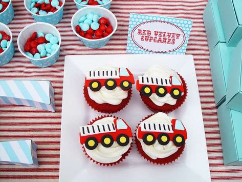 Vintage Firetruck | CatchMyParty.com Fire Truck Birthday Party Ideas, Fire Truck Cupcakes, Truck Birthday Party Ideas, Fire Truck Birthday Party, Fire Engine Party, Truck Cupcakes, Fire Truck Birthday, Fireman Party, Firetruck Birthday Party