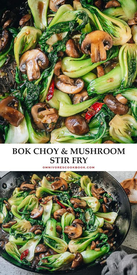 An easy bok choy mushroom stir fry that can be whipped together quickly for a speedy weekday dinner. The tender mushrooms and crisp bok choy are brought together with a gingery garlicky brown sauce, which tastes comforting and satisfying. Serve it as a side or a main course over steamed rice. {Vegan, Gluten-Free Adaptable} Mushroom Stir Fry, Veggie Snacks, Weekday Dinner, Brown Sauce, Tasty Vegetarian Recipes, God Mat, Think Food, Steamed Rice, Asian Cooking