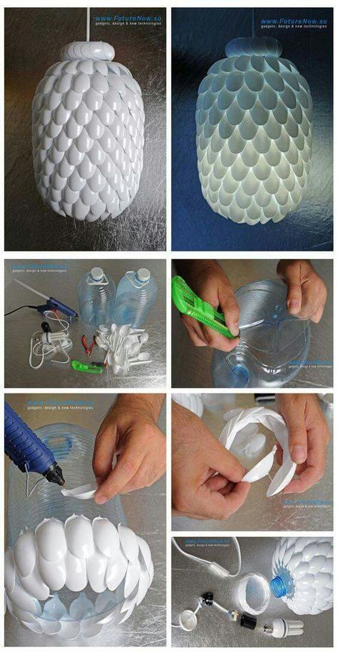 Paper Lamp Diy, Plastic Spoon Art, Plastic Spoon Crafts, Plastic Bottle Crafts Diy, Spoon Craft, Spoon Crafts, Ball Lamp, Spoon Art, Lamp Diy