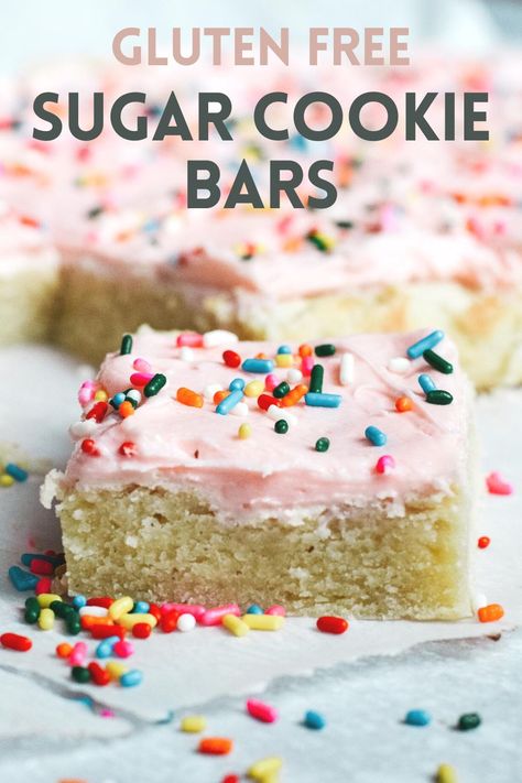 Soft and sweet with a delicate crumb, these Sugar Cookie Bars are made with a simple replacement gluten free flour. Topped with a not-too-sweet frosting and decorated with sprinkles. Kids and adults will love it! #sugarcookie #cookiebars #kidfriendly Gf Cookie Bars, Gluten Free Sugar Cookie Bars, Gluten Free Cookie Bars, Gluten Free Cookie Dough, Peanut Butter Oatmeal Bars, Kid Friendly Dessert, Lemon Layer Cakes, Sugar Cookie Cakes, Gluten Free Sugar Cookies