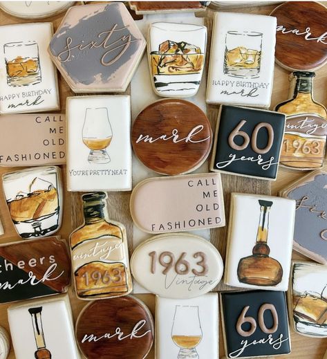 Whiskey Theme Party, Whiskey Cookies, 60th Birthday Ideas For Dad, Bourbon Cookies, Mario Birthday Cake, 60th Birthday Party Decorations, Grandpa Birthday, Paint Cookies, Mario Birthday