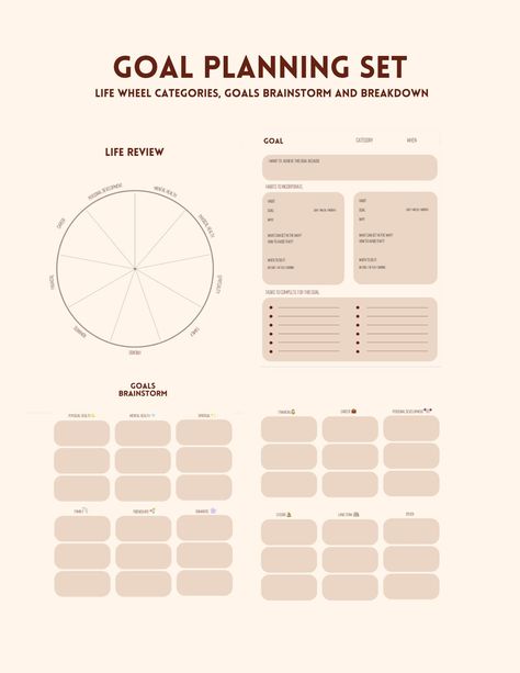 Reflect and plan out your life goals with this easy to use, minimalist goal planning set!  Be able to rate the different areas of life including physical health, mental health, spirituality, friendships, family, romantic, career, financial, and personal development. Then brainstorm on the top 3 goals you would like to set per area, and break each goal down even further into manageable habits and tasks to help achieve your goal Can be used with Goodnotes, Notability or other apps that allow PDF i Corporate Goal Setting, Areas Of Life To Set Goals, Goal Planning Ideas, Life Goal Planner, Personal Development Plan Template, Plan Your Life, Budget Planner Free, Areas Of Life, Planner Writing