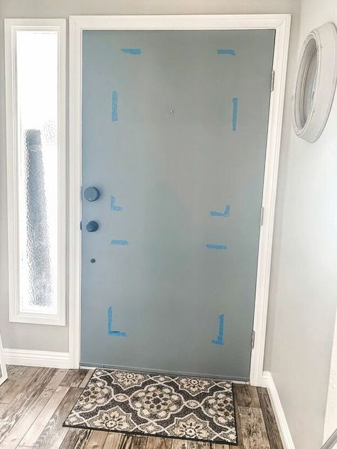 Upgrading Doors, Diy Front Door Makeover, Door Redo, Diy Front Door, Stained Trim, Door Makeover Diy, Accent Wall Stencil, Closet Door Makeover, Metal Front Door