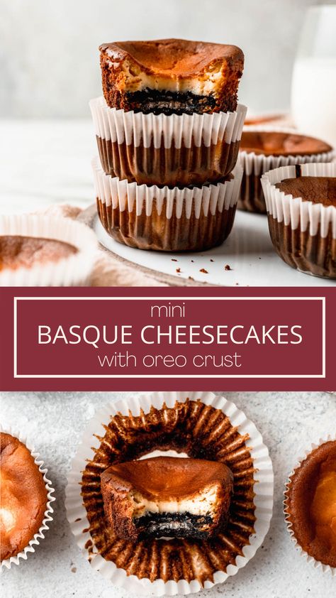 These mini burnt basque cheesecakes are made of a creamy cheesecake layer and Oreo crust. Using a muffin tin makes these a quick and easy cheesecake recipe that doesn't require any chilling! Basque Burnt Cheesecake Cupcake, Cheesecake Muffin Tin, Mini Basque Cheesecake, Mini Basque Burnt Cheesecake, Burnt Cheesecake Packaging Ideas, Oreo Dessert Ideas, Mini Burnt Cheesecake, Quick And Easy Cheesecake, Burnt Basque Cheesecake Recipe