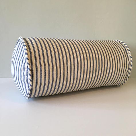 Navy Blue Ticking Stripe Bolster Throw Pillow 6 x 12 Bedroom Daybed, Ticking Stripe Bedding, Provincial Bedroom, Ticking Stripe Fabric, Stripe Bedding, Neck Roll Pillow, Hooked Pillow, Roll Pillow, Ticking Fabric