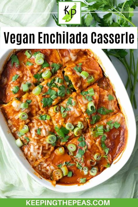 An easy vegan enchilada casserole layered with corn tortillas, black beans, and spinach. A family-friendly meal that's ready in 30 minutes! Dairy Free Enchiladas, Vegan Enchilada Casserole, Vegan Casserole Recipes, Green Chili Enchiladas, Spinach Enchiladas, Vegan Enchiladas, Vegan Casserole, Vegetarian Enchiladas, Enchilada Casserole Recipes