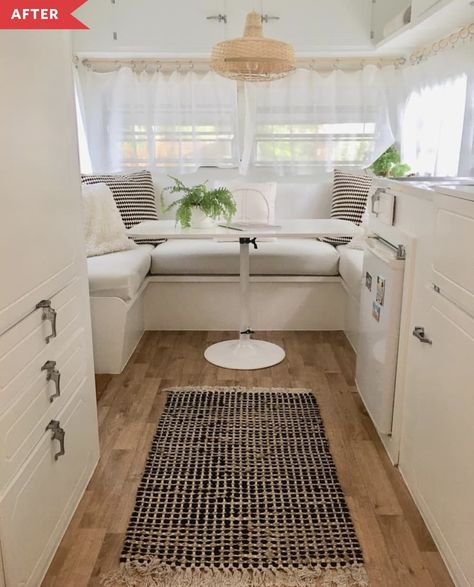 Boho-Scandi RV Remodel - RV Renovation | Apartment Therapy Fiberglass Camper Interior, Boho Remodel, Caravan Vintage, Caravan Decor, Caravan Makeover, Revamp Furniture, Camper Trailer Remodel, Kombi Home, Caravan Renovation