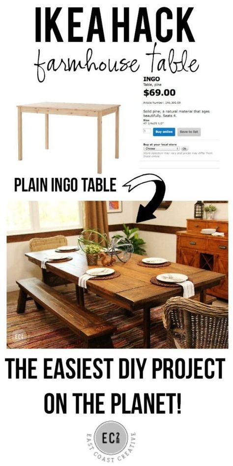 Turn a plain IKEA table into a gorgeous farmhouse table using this hack...AKA The Easiest DIY Project on the planet! Build A Farmhouse, Build A Farmhouse Table, Ikea Table, Diy Ikea Hacks, Diy Ikea, Furniture Hacks, Ikea Diy, Ikea Furniture, Ikea Hacks