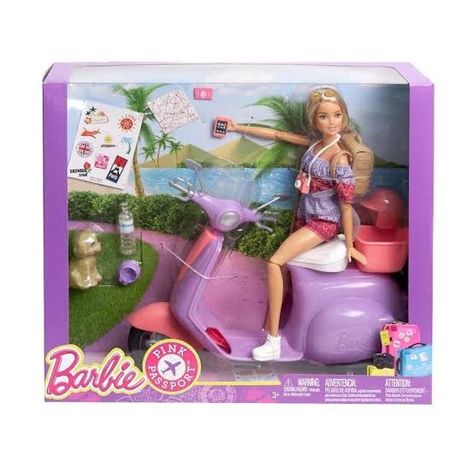 Barbie Scooter, Barbie Pink Passport, Pink Passport, Barbie Playsets, Pink Basket, Barbie Doll Set, Mattel Shop, Barbie Sets, Barbie Fashionista Dolls