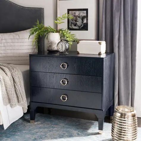 SAFAVIEH Lorna Navy 3-drawer Night Stand - On Sale - Bed Bath & Beyond - 21185479 Side Table Organization, Dresser And Nightstand, Bedside Furniture, Three Drawer Nightstand, Rustic Nightstand, Contemporary Nightstand, Add Storage, 3 Drawer Nightstand, Night Stands