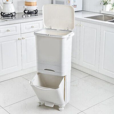 38L 42L Large 2/3 Tier Rolling Trash Bin Recycling Waste Rubbish Garbage Bin Wheelie Pedal Bin. - 42L: 42x28.2x84cm.   The upper layer of the trash can is pressed to open the cover for a keepopen, the lower pedal is 45° open. Kitchen Storage Trolley, Recycle Bin, Kitchen Trash, Storage Trolley, Rubbish Bin, Kitchen Trash Cans, Kitchen Waste, Waste Bin, Trash Bin