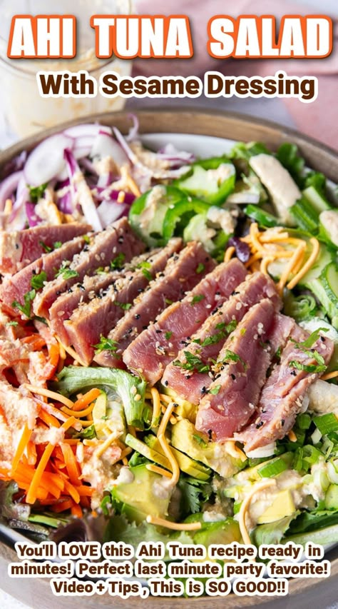 This Ahi Tuna Salad is a bright and tasty tuna salad recipe that uses fresh Ahi tuna seared with a luscious sesame dressing. SO GOOD! Ahi Tuna Salad With Sesame Ginger Dressing, Ahi Tuna Dinner Recipes, Tuna Steak Salad Recipes, Ahi Tuna Salad Recipe, Seared Ahi Salad, Beachy Food, Tuna Salad Dressing, Tuna Steak Salad, Seared Ahi Tuna Salad