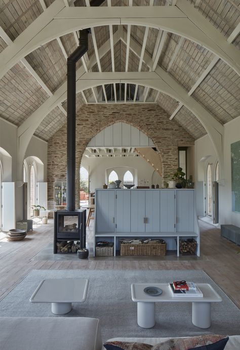 Holier than Thou: A Devon Chapel Conversion as a Family Home By Tuckey Design Studio Reuse Architecture, Chapel Conversion, Old Chapel, Tiled Staircase, England Houses, Church Conversions, London Architecture, Adaptive Reuse, Arched Windows