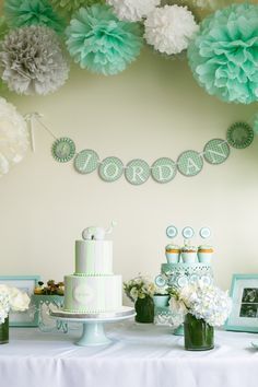 My mint, grey, white and elephant themed baby shower. Baby Shower Verde, Mint Baby Shower, Fiesta Shower, Elephant Baby Shower Decorations, Idee Babyshower, Boy Baby Shower Ideas, Elephant Baby Shower Theme, White Baby Showers, Green Baby Shower