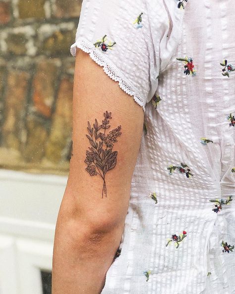 Herb Bouquet Tattoo, Tarragon Tattoo, Russian Sage Tattoo, Rosemary And Thyme Tattoo, Parsley Sage Rosemary And Thyme Tattoo, Sage Tattoo, Rosemary Tattoo, Small Nature Tattoo, Herb Tattoo