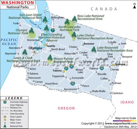 Washington National Parks - Map for National Parks in Washington showing the locations of all the major national reserves or parks including San Juan Island National Historical Park, North Cascades National Park and Mount Rainier National Park in WA, USA. Washington National Parks, Cascade Mountains Washington, Washington State Map, Washington Map, Cascades National Park, Cascade National Park, Canada National Parks, San Juan Island, North Cascades National Park