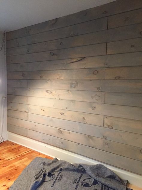 Miss Mustard Seed’s Milk Paint in Trophy (2 parts water 1 part milk paint) Basement Bedroom Remodel, How To Plank, Paint A Wall, Kids Bedroom Remodel, Guest Bedroom Remodel, Shiplap Wall Diy, Diy Shiplap, Basement Bedroom, Wood Pallet Wall