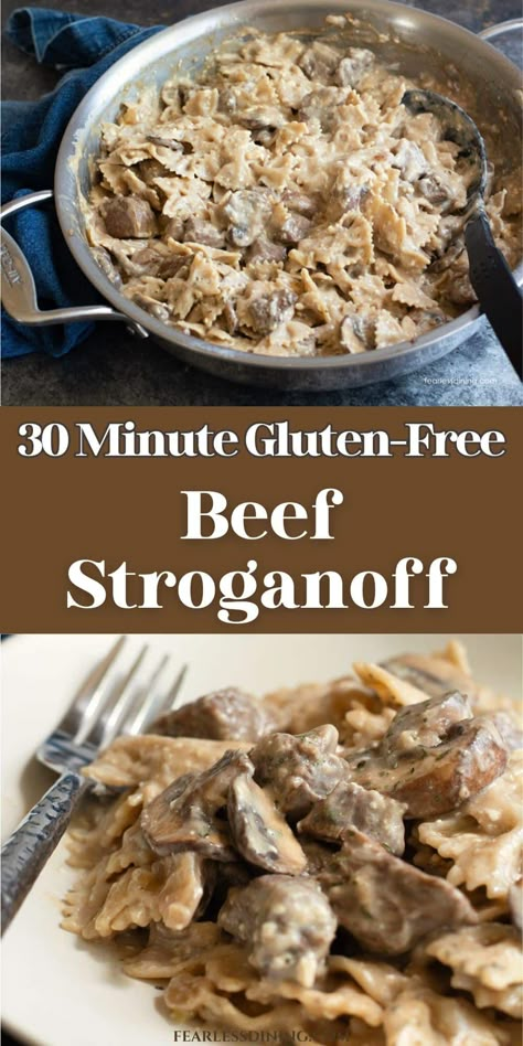 Get ready for the best in comfort food. Mouthwatering chunks of beef cooked in a flavorful sauce and served over gluten free egg noodles. If you have missed stroganoff, wait until you try this homemade gluten-free beef stroganoff recipe! It can be made in under 30 minutes with steak, stew meat, or ground beef. It is a budget friendly recipe and makes ab incredible family dinner recipe. Stroganoff Recipe Gluten Free, Gluten Free Beef And Noodles, Gluten Free Beef Stroganoff Crockpot, Ground Beef Crockpot Recipes Gluten Free, Beef Stroganoff Steak, Gluten Free Ground Beef Stroganoff, Gf Beef Stroganoff, Gluten Free Recipes For Dinner Beef, Gluten Free Ground Beef Recipes Easy