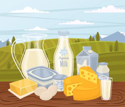 Dairy Illustration, Pastel Wedding Stationery, Products Illustration, Nature Cartoon, Dairy Brands, Vector Illustration Character, Restaurant Icon, Basant Panchami, Farm Products