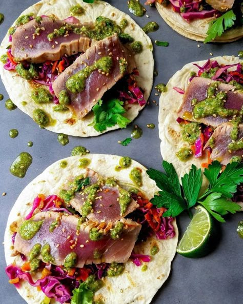 Marinated Ahi Tuna, Ahi Tuna Tacos, Crunchy Asian Slaw, Tacos With Guacamole, Tuna Tacos, Grilled Tuna, Pistachio Pesto, Asian Slaw, Ahi Tuna