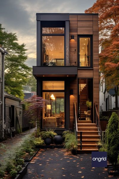 7 Unique Single Floor Home Elevation - Front Views – Ongrid Design Container Homes Ideas Design Interior, Narrow House Exterior, Narrow House Interior, Loft Exterior Design, House Front Landscaping, House Front Design Single Floor, Single House Design, Loft House Design Exterior, Duplex House Design Exterior