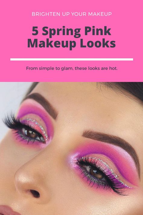 Pink Makeup Looks, Long False Lashes, Prom Makeup Tutorial, Pink Eyeshadow Look, Makeup Photos, Hot Pink Lips, Pink Eye Makeup, Brown Mascara, Barbie Makeup