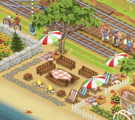 Hay Day Farm Decoration Ideas, Hay Day Train Station Design, Hayday Production Buildings, Hayday Aestethic, Hay Day Decorations, Hay Day Design Ideas, Hayday Decoration Ideas, Hayday Town Design, Hay Day Layout Ideas