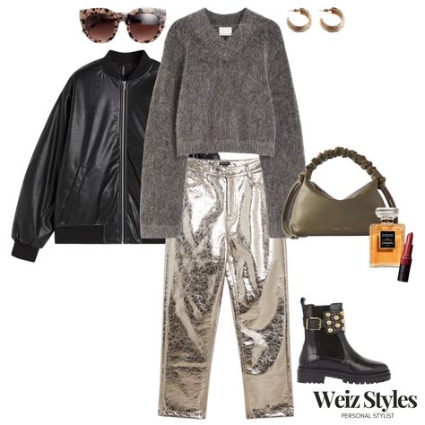 #metallictrousers #jumper #silver #weizstyles #autumn #fashion #howtowear #howtostyle #personalstylist #ootd #autumnoutfit #jacket #hm #fauxleather #sunglasses #earrings #gold #coatedjeans #boots #bag #handbag #lipstick #golddetails #wideleg #knitwear #johnlewis #statementtrousers #goldearrings #styleadvice #feminine #outfitoftheday #outfitideas #shop #blogger #casual #statement #effortless #daytonight #accessorise #cool #highstreet #trend #chanel #bomberjacket #goldtrousers #silvertrousers #ltk Gold Metallic Trousers Outfit, Metallic Trousers Outfit, Metallic Pants Outfit, Stylist Aesthetic, Gold Trousers, Leather Trousers Outfit, Metallic Trousers, 3 Ways To Wear, Trouser Outfit