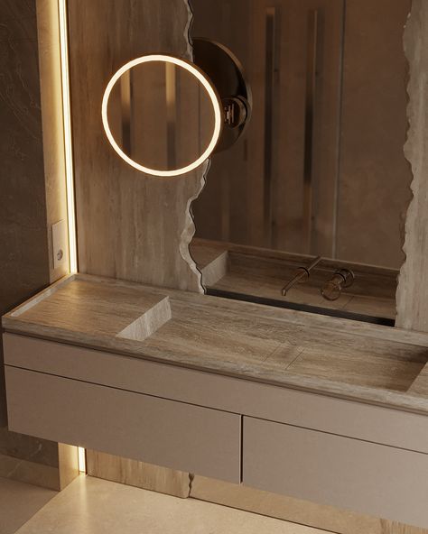 In this bathroom, just like in the bedroom, the centerpiece is a striking end-cut marble that frames the mirror, adding an element of raw elegance and sophisticated texture. We further enhanced the space with a magnifying mirror, complete with its own backlight, providing both functionality and a modern touch. The result is a harmonious blend of luxury and refinement, where every detail speaks of meticulous craftsmanship. ✨🪞 Design by #artpartnerarchitects #LuxuryInteriors #MarbleMagic #Mod... Mirror In Bathroom, Art Partner, Magnifying Mirror, Linear Lighting, Framed Mirror, Marble Wall, The Mirror, Led Lighting, The Space