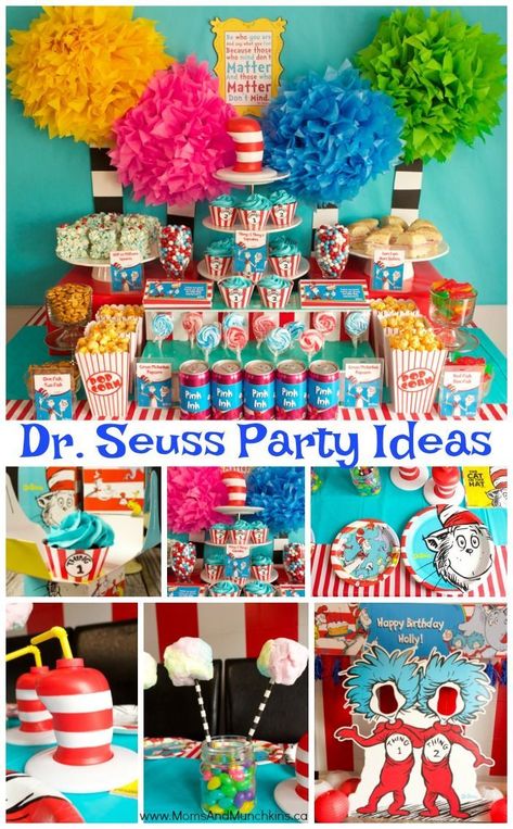 Dr. Seuss Party Ideas - lots of great ideas here featuring Cat In The Hat, Green Eggs and Ham, The Lorax and more! Includes ideas for DIY decorating, party games for kids, favor ideas, fun foods for kids and more. #DrSeuss #DrSeussParty #PartyIdeas #PartyIdeasForKids #KidsParty #BirthdayParty #CatInTheHatParty #KidsBirthday Hat Party Ideas, Doctor Suess Birthday, Dr Seuss Party Ideas, 1st Birthday Party Games, Cat In The Hat Party, Dr Seuss Party, Decorating Food, Dr Seuss Birthday Party, Party Cat