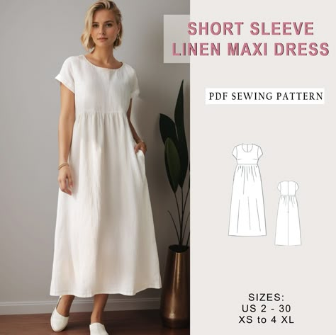 Short Sleeve Linen Maxi Dress, Linen Gathered Summer Dress Sewing Pattern, Empire Waist, Sundress Pattern, Milkmaid Dress, Circle Dress - Etsy Summer Dress Sewing Pattern, Summer Dress Sewing, Style Dress Patterns, Maxi Dress Linen, Linen Dress Pattern, Summer Dress Sewing Patterns, Sundress Pattern, Dress Sewing Patterns Free, Milkmaid Dress