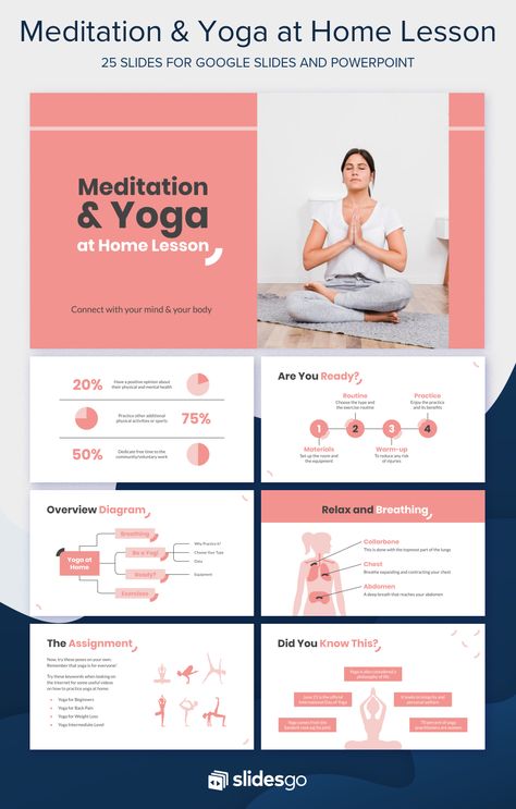 Prepare some lessons on practicing meditation & yoga at home by editing our free PowerPoint template and Google Slides theme Yoga Presentation, Practicing Meditation, Safety Quotes, Ppt Template Design, Yoga Workshop, Presentation Design Layout, Google Slides Theme, Powerpoint Design Templates, Powerpoint Presentation Design