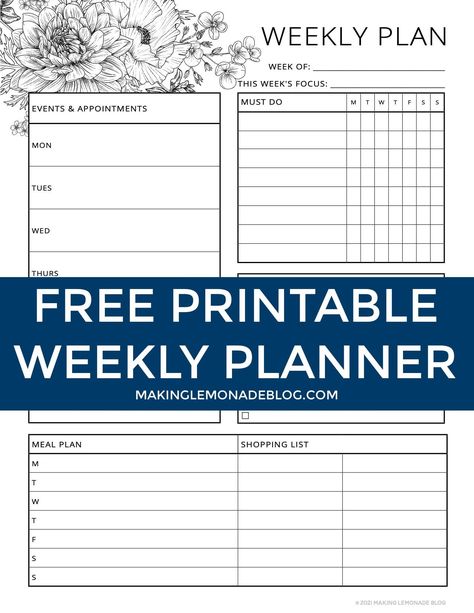 Free Printable 2021 Planner - Making Lemonade | Desafíos Lemonade Ideas, Week At A Glance Printable, Printable Password Tracker, Fitness Tracker Printable, Making Lemonade, Weekly Planner Free Printable, Weekly Printable, Study Planner Printable, Weekly Planner Free