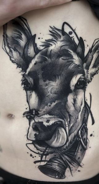 Farm Animal Tattoo Sleeve, Angus Cow Tattoo, Black And White Cow Tattoo, Cow Tattoo Design, Farm Tattoos, Farm Tattoo Ideas, Cow Tattoo Ideas, Cow Tattoos For Women, Cow Tattoos