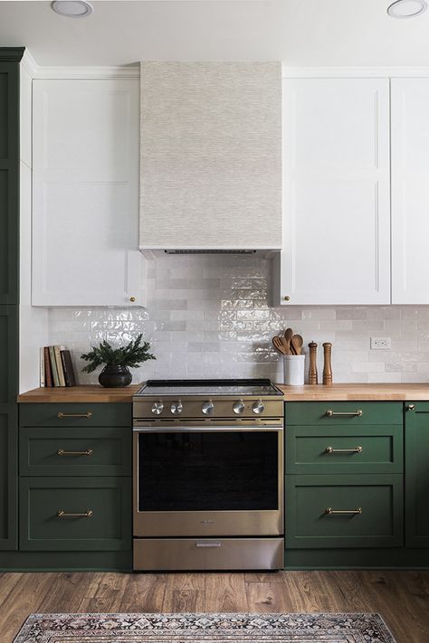 Riverside Retreat Kitchen Reveal - Jenna Sue Design Blog Green Kitchen Designs, White Tile Backsplash, Green Kitchen Cabinets, Cabinets White, Decor Studio, Design Blogs, Green Cabinets, Green Kitchen, White Cabinets